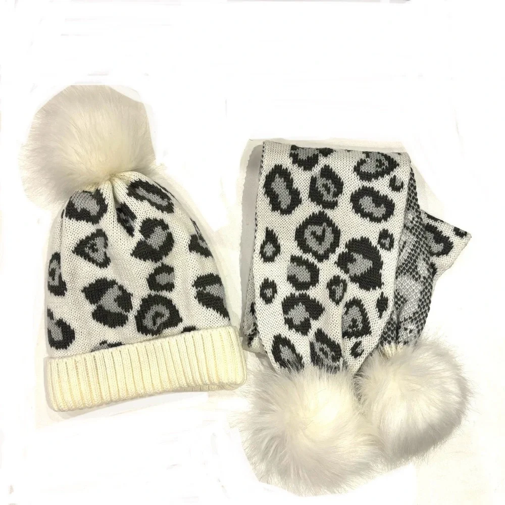 Toby & Co Leopard Print Pom Pom Beanie Hat and Scarf set